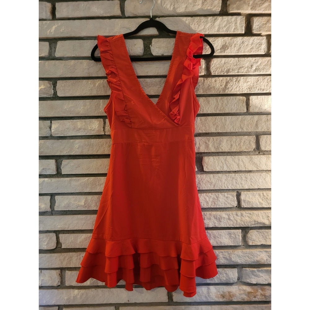 SBetro Red Solid Mini Dress (Size M) V-Neck Open Back Flutter Sleeve Ruffle Hem